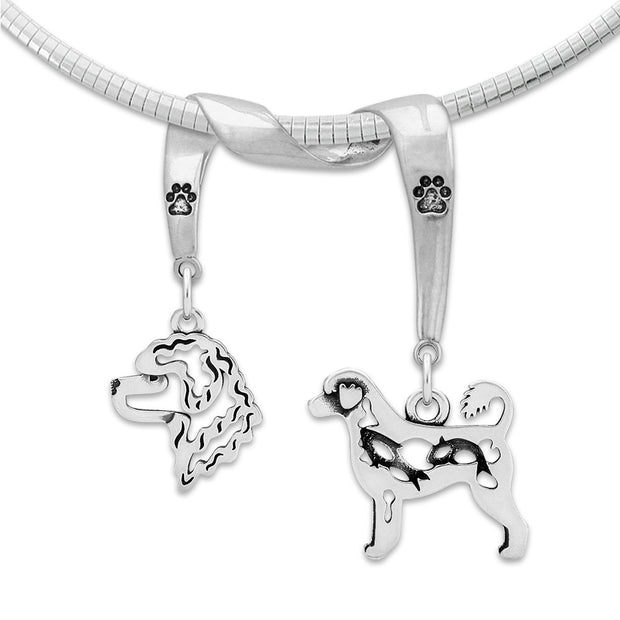 Portuguese Water Dog Necklace Head and Body Designs on Paw Print Charm Holder in Sterling Silver on Omega Chain.