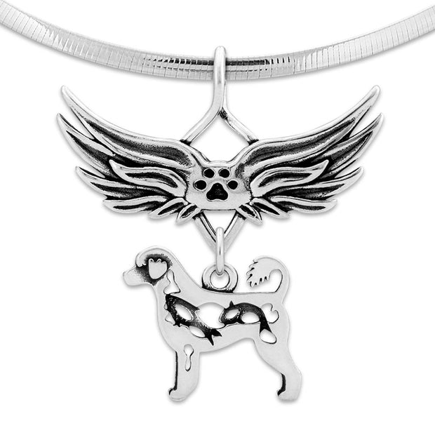 Portuguese Water Dog Pet Loss Necklace with Angel Wing Charm Holder with Paw Print in 
Sterling Silver on Omega Chain.