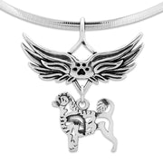 Portuguese Water Dog Pet Loss Necklace with Angel Wing Charm Holder with Paw Print in 
Sterling Silver on Omega Chain.