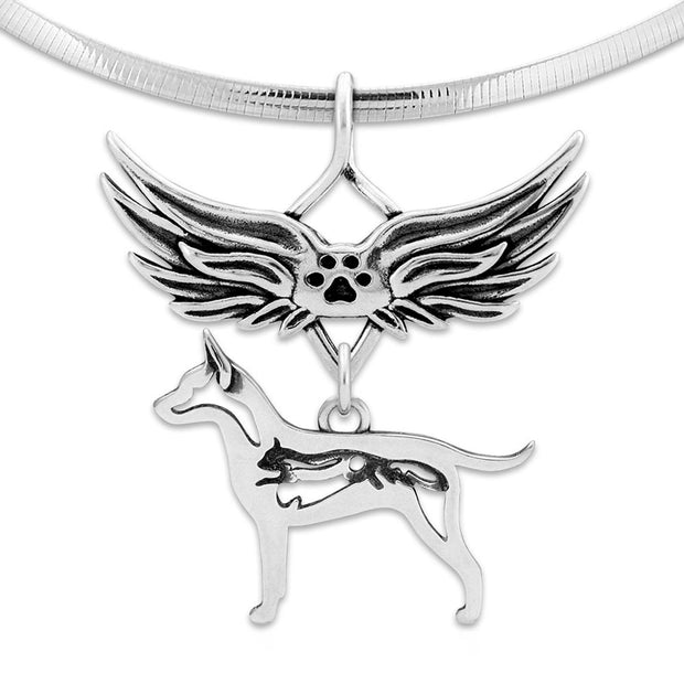 Rat Terrier Pet Loss Necklace with Angel Wing Charm Holder with Paw Print in Sterling Silver on Omega Chain.