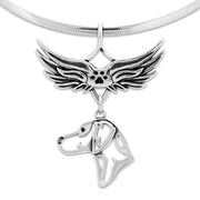 Rhodesian Ridgeback Pet Loss Necklace with Angel Wing Charm Holder with Paw Print in Sterling Silver on Omega Chain.