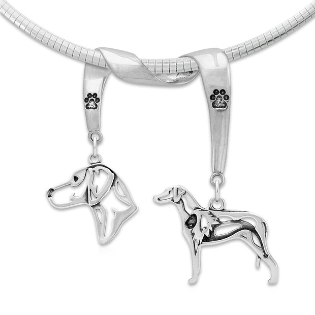 Rhodesian Ridgeback Necklace Head and Body Designs on Paw Print Charm Holder in Sterling Silver on Omega Chain.