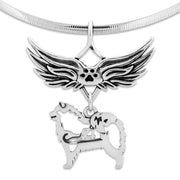 Samoyed Pet Loss Necklace with Angel Wing Charm Holder with Paw Print in Sterling Silver on Omega Chain.