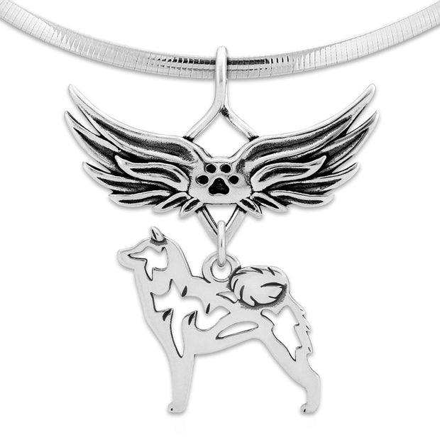 Shiba Inu Pet Loss Necklace with Angel Wing Charm Holder with Paw Print in Sterling Silver on Omega Chain.