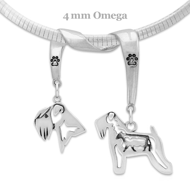 Soft Coated Wheaten Terrier Necklace Head and Body Designs on Paw Print Charm Holder in Sterling Silver on Omega Chain.