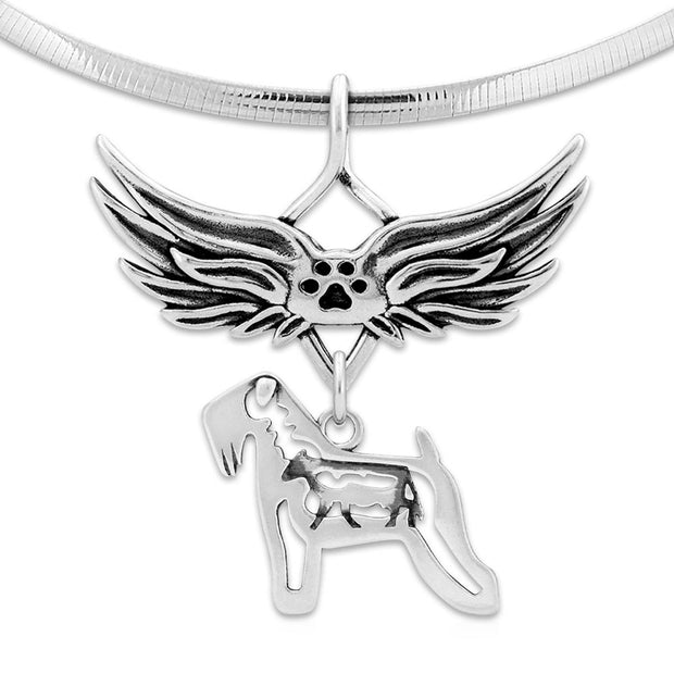 Soft Coated Wheaten Terrier Pet Loss Necklace with Angel Wing Charm Holder with Paw Print in Sterling Silver on Omega Chain.