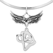 Saint Bernard Pet Loss Necklace with Angel Wing Charm Holder with Paw Print in Sterling Silver on Omega Chain.