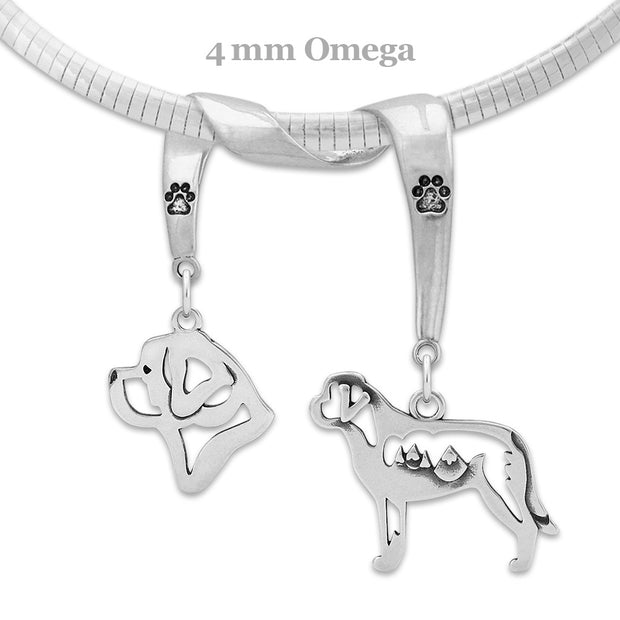 Saint Bernard Necklace Head and Body Designs on Paw Print Charm Holder in Sterling Silver on Omega Chain.