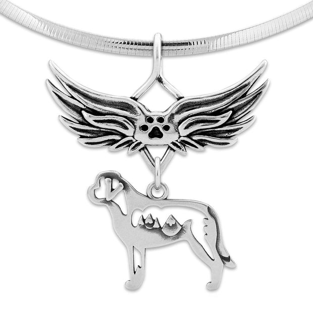 Saint Bernard Pet Loss Necklace with Angel Wing Charm Holder with Paw Print in Sterling Silver on Omega Chain.