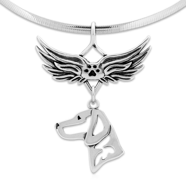 Vizsla Pet Loss Necklace with Angel Wing Charm Holder with Paw Print in Sterling Silver on Omega Chain.