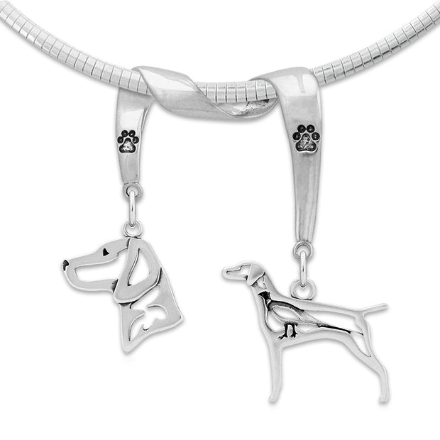 Vizsla Necklace Head and Body Designs on Paw Print Charm Holder in Sterling Silver on Omega Chain.