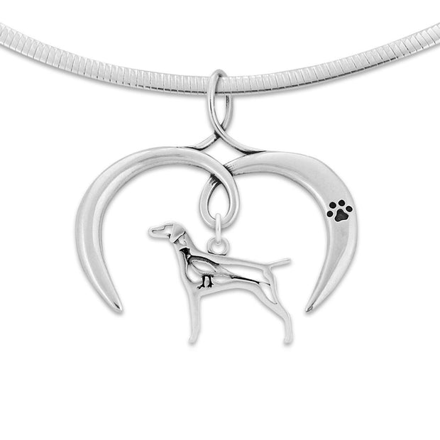 Vizsla Necklace with Open Heart Charm Holder with Paw Print in Sterling Silver on Omega Chain.