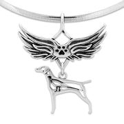 Vizsla Pet Loss Necklace with Angel Wing Charm Holder with Paw Print in Sterling Silver on Omega Chain.