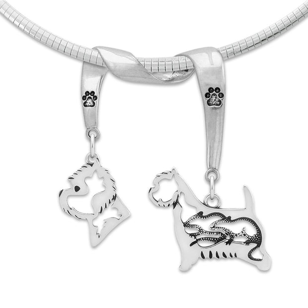 West Highland Terrier Necklace Head and Body Designs on Paw Print Charm Holder in Sterling Silver on Omega Chain.