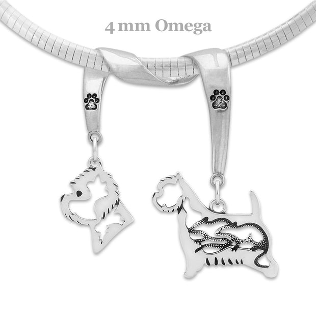 West Highland Terrier Necklace Head and Body Designs on Paw Print Charm Holder in Sterling Silver on Omega Chain.