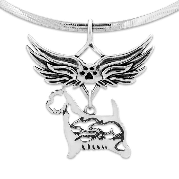 West Highland Terrier Pet Loss Necklace with Angel Wing Charm Holder with Paw Print in Sterling Silver on Omega Chain.