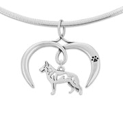 White Shepherd Necklace with Open Heart Charm Holder with Paw Print in Sterling Silver on Omega Chain.