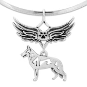 White Shepherd Pet Loss Necklace with Angel Wing Charm Holder with Paw Print in Sterling Silver on Omega Chain.