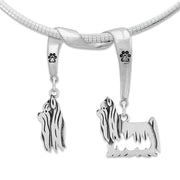 Yorkshire Terrier Necklace Head and Body Designs on Paw Print Charm Holder in Sterling Silver on Omega Chain.