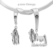 Yorkshire Terrier Necklace Head and Body Designs on Paw Print Charm Holder in Sterling Silver on Omega Chain.