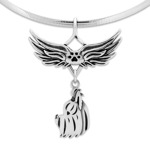 Yorkshire Terrier Pet Loss Necklace with Angel Wing Charm Holder with Paw Print in Sterling Silver on Omega Chain.