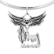 Yorkshire Terrier Pet Loss Necklace with Angel Wing Charm Holder with Paw Print in Sterling Silver on Omega Chain.