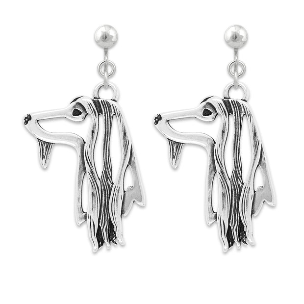 Afghan Hound Clip-On Earrings Head Design in Sterling Silver.