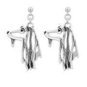 Afghan Hound Earrings Head Design in Sterling Silver in Dangle Post.