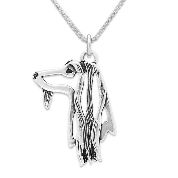 Afghan Hound Necklace Head Design in Sterling Silver on Box Chain.