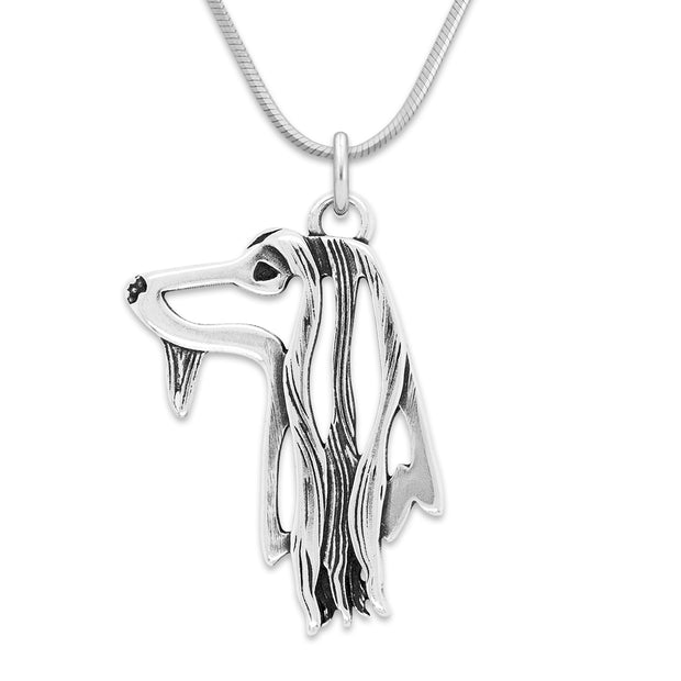 Afghan Hound Necklace Head Design in Sterling Silver on Snake Chain.