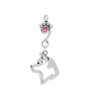 Sterling Silver Akita Birthstone Necklace, A Paw Print Charm Holder accented by a rose pink Swarovski crystal that holds a handcrafted Akita pendant.