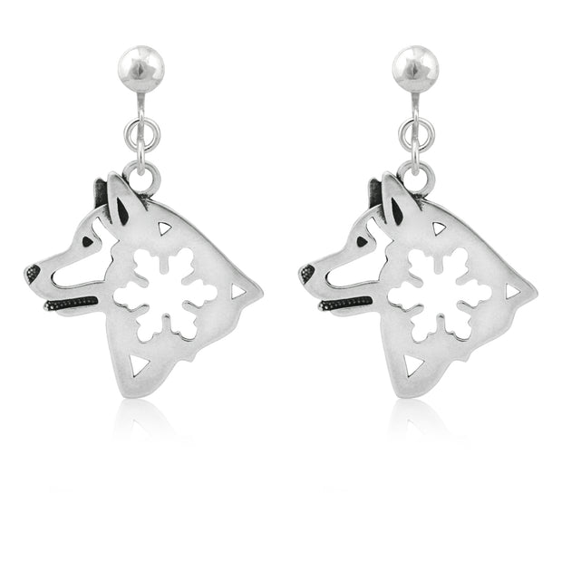 Alaskan Malamute Clip-On Earrings Head Design with Snowflake in Sterling Silver.