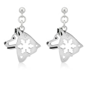 Alaskan Malamute Earrings Head Design with Snowflake in Sterling Silver in Dangle Post.