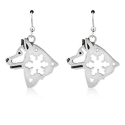 Alaskan Malamute Earrings Head Design with Snowflake in Sterling Silver in French Hook.