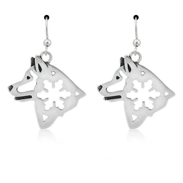 Alaskan Malamute Earrings Head Design with Snowflake in Sterling Silver in French Hook.