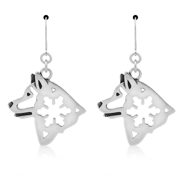 Alaskan Malamute Earrings Head Design with Snowflake in Sterling Silver in Leverback.