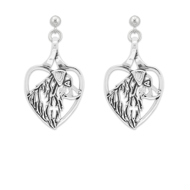 Australian Shepherd Heart Earrings Head Design in Sterling Silver in Dangle Post.