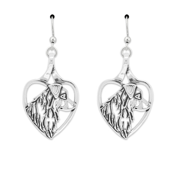 Australian Shepherd Heart Earrings Head Design in Sterling Silver in French Hook.