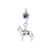 Sterling Silver Australian Cattle Dog Birthstone Necklace. A shimmering sapphire blue Swarovski crystal accented paw print charm holder holds a handcrafted Australian Cattle Dog charm.