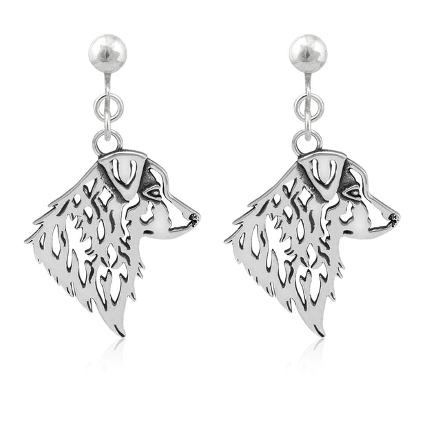 Australian Shepherd Clip-On Earrings Head Design in Sterling Silver.