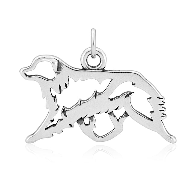 Sterling silver Australian Shepherd pendant in a gaiting pose, designed to breed standard. Unique Australian Shepherd jewelry gifts for dog owners are handcrafted in the USA.