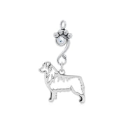 Sterling Silver Australian Shepherd Birthstone Necklace. Clear April crystal birthstone accented paw print charm holder holds the handcrafted Australian Shepherd charm.