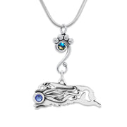 Australian Shepherd Necklace Body Design with Ribbon with Sapphire Crystal in Sterling Silver on Snake Chain.