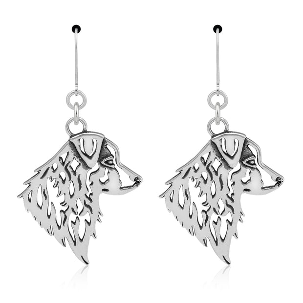 Sterling silver Australian Shepherd earrings head study on leverbacks, Austalian Shepherd accessories