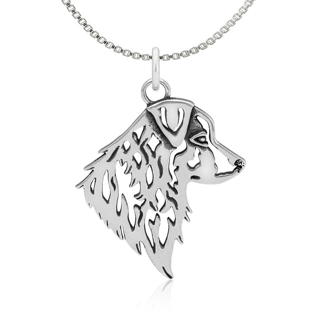 Australian Shepherd Necklace Head Design in Sterling Silver on Box Chain.