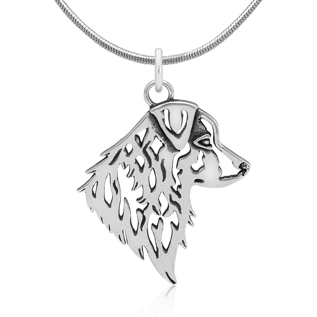 Sterling silver Australian Shepherd necklace on a sleek snake chain. The Australian Shepherd charm head study is designed to breed standard. Popular Australian Shepherd jewelry gifts for dog owners are handcrafted in the USA.