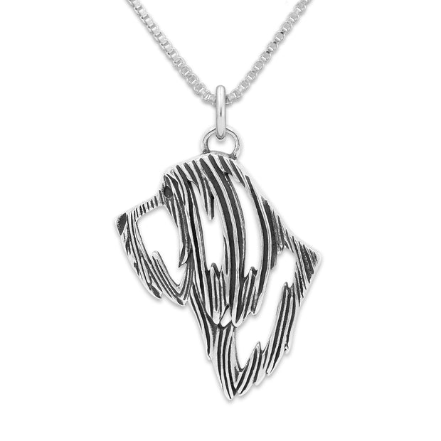 Bearded Collie Necklace Head Design in Sterling Silver on Box Chain.