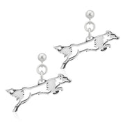 Border Collie Earrings Jumping Body Design in Sterling Silver in Dangle Post.