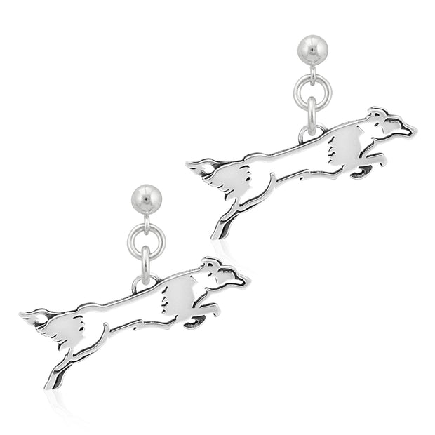 Border Collie Earrings Jumping Body Design in Sterling Silver in Dangle Post.