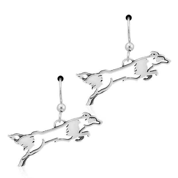 Border Collie Earrings Jumping Body Design in Sterling Silver in French Hook.